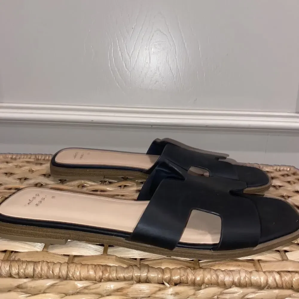 Nina Slide Sandals Sz 9.5 Women Black Faux Leather H-Band Casual Slip-On